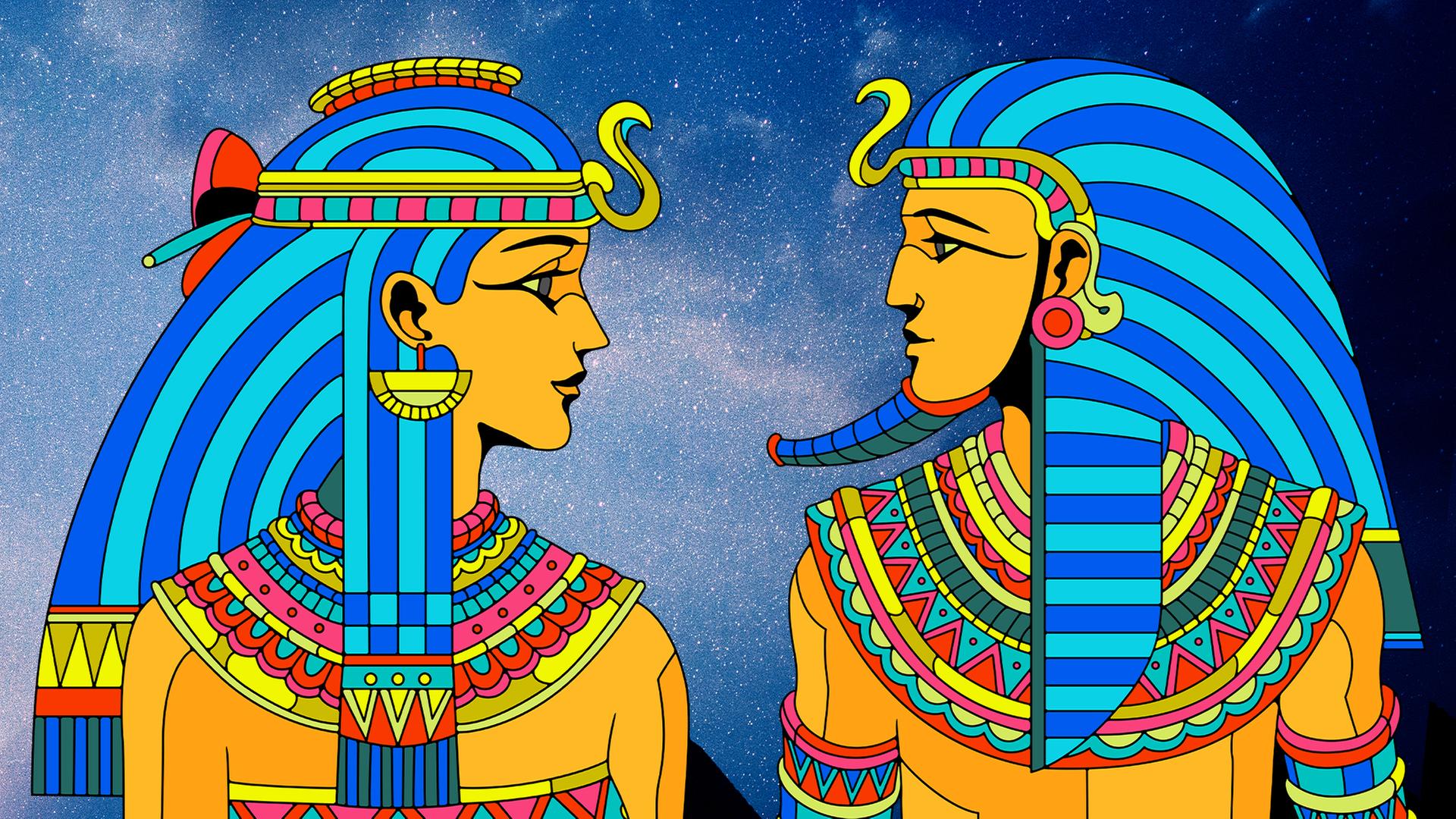  Zeichentrickbüste von Pharaonin und Pharao vor Sternenhimmel mit Pyramiden im Schatten.