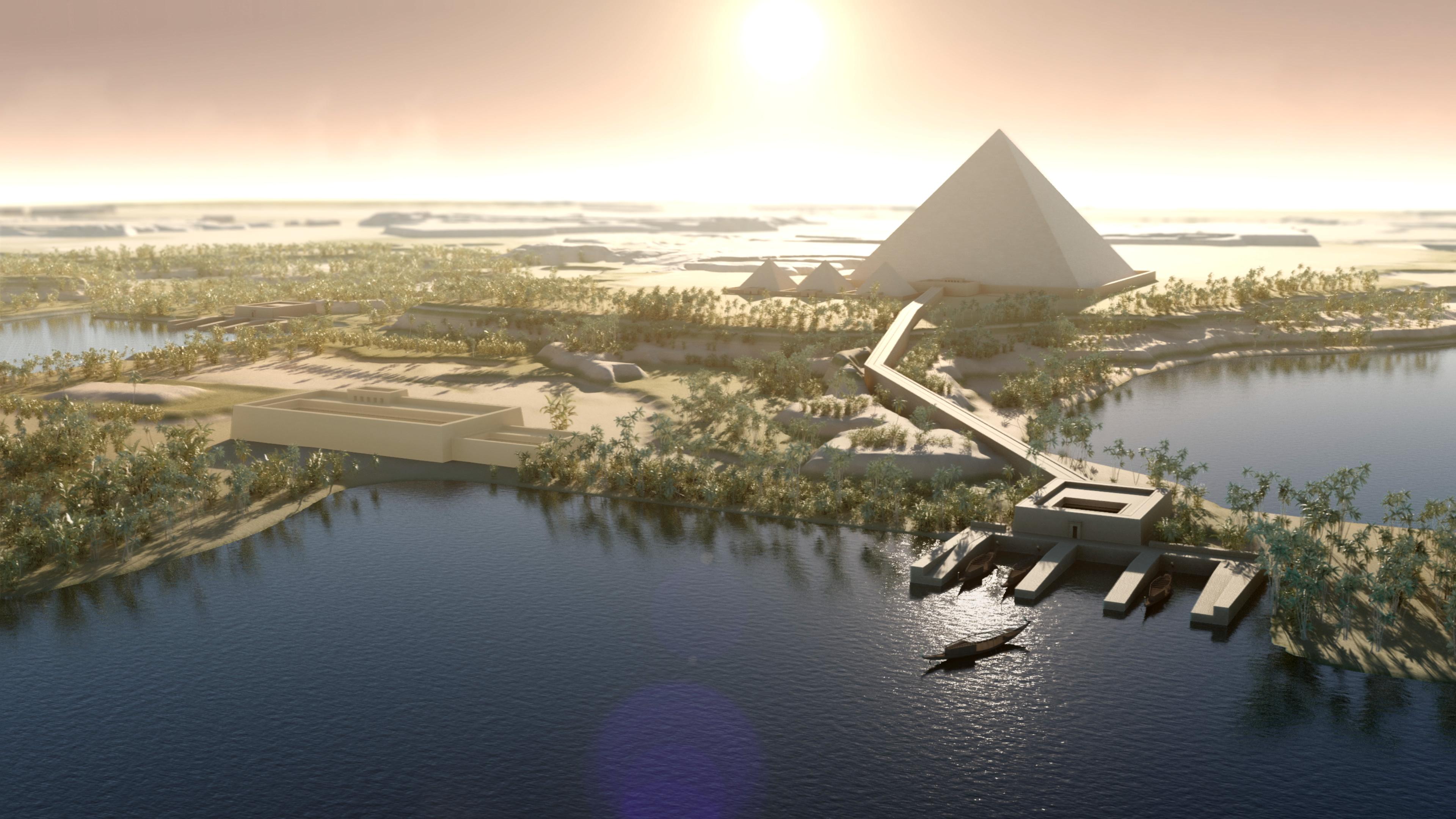 "Ägyptens Baumeister": 3D-Animation einer Pyramide mit vorgelagertem Hafen und der untergehenden Sonne im Hintergrund.