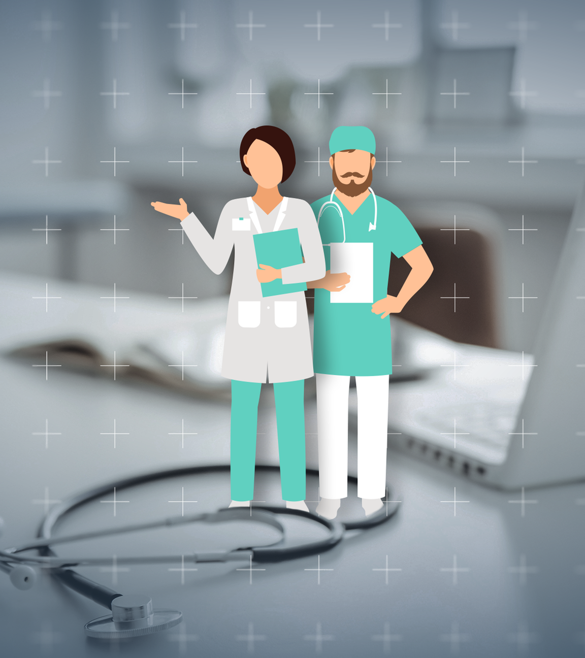 Die Illustration einer Ärztin und eines Arztes, im Hintergrund ein Schreibtisch mit einem Laptop, einem aufgeschlagenen Buch und einem Stetoskop. 