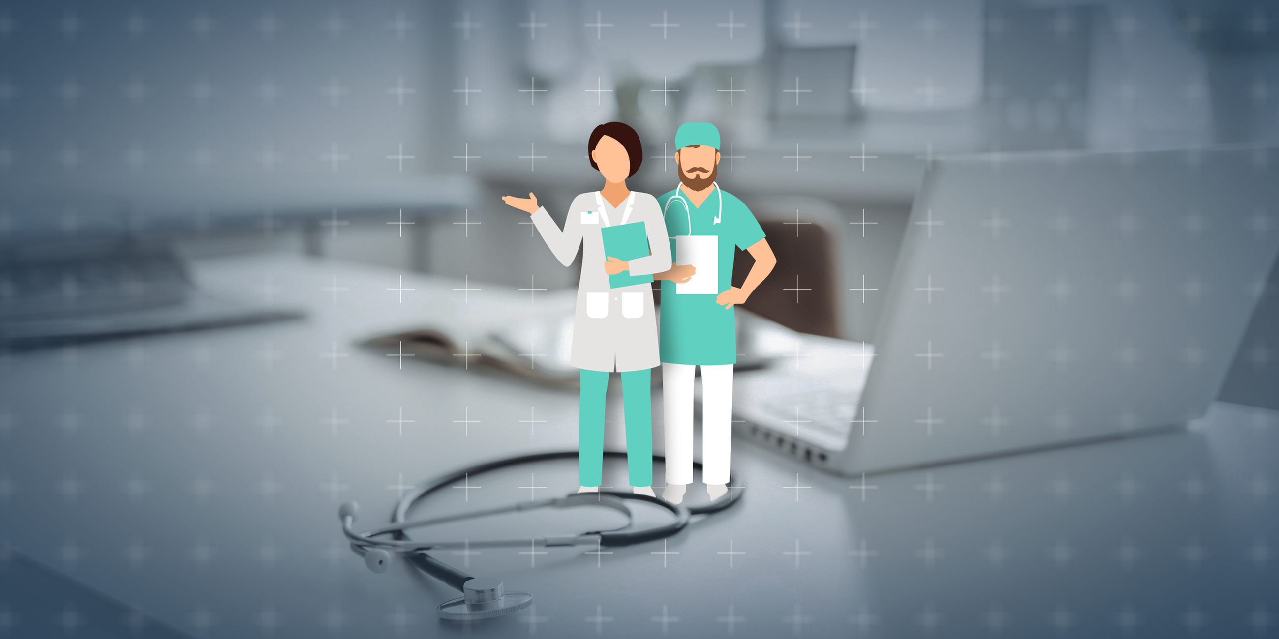 Die Illustration einer Ärztin und eines Arztes, im Hintergrund ein Schreibtisch mit einem Laptop, einem aufgeschlagenen Buch und einem Stetoskop. 