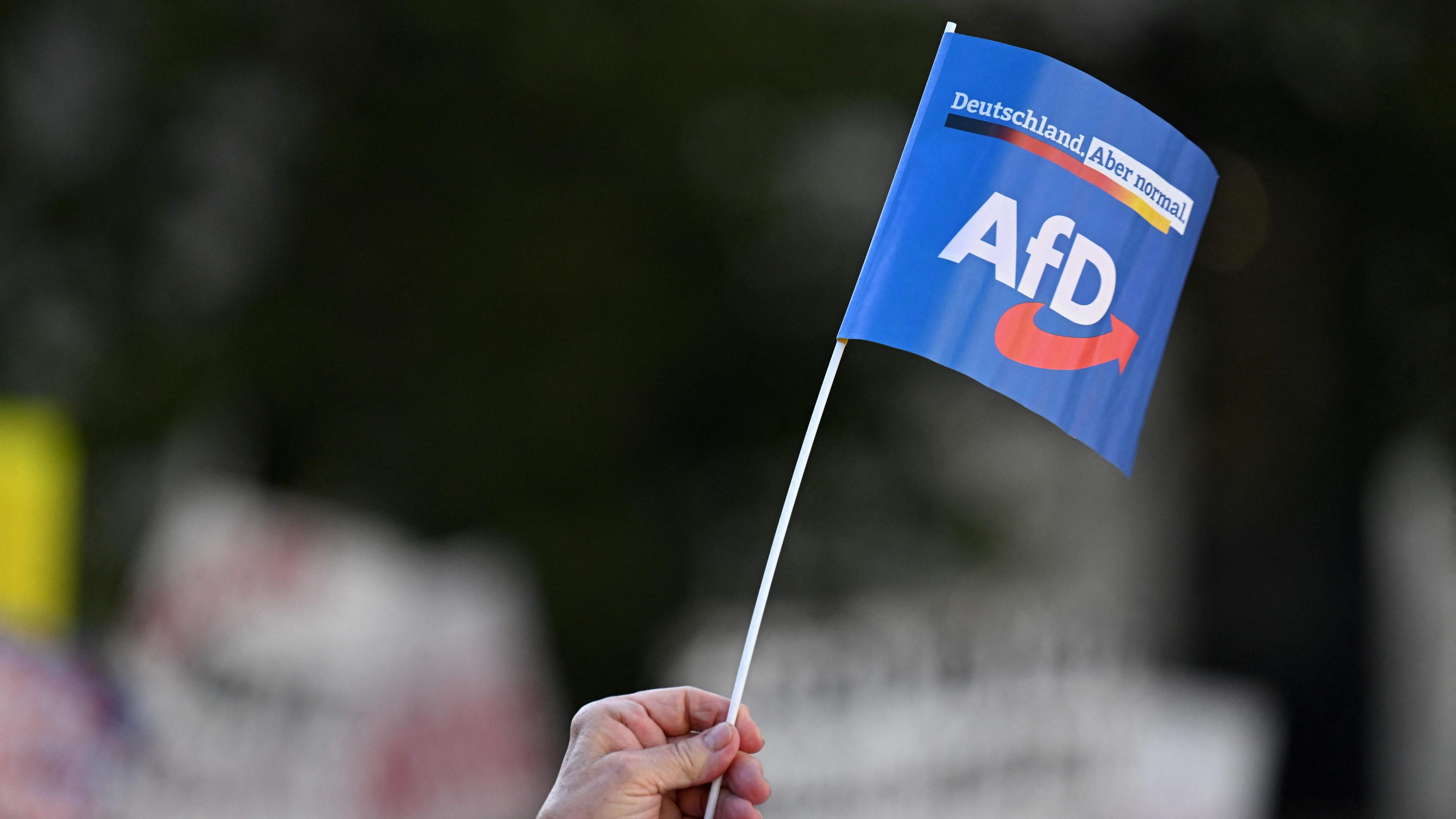 Ein AfD-Unterstützer in München schwenkt ein Fähnchen mit dem Parteilogo.