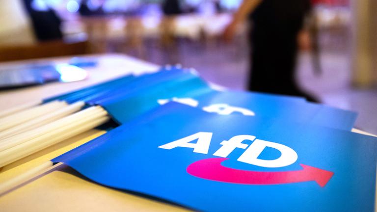 Bayern, Greding: Fähnchen mit dem Logo der AfD liegen beim Landesparteitag der AfD Bayern auf einem Tisch. Archivbild