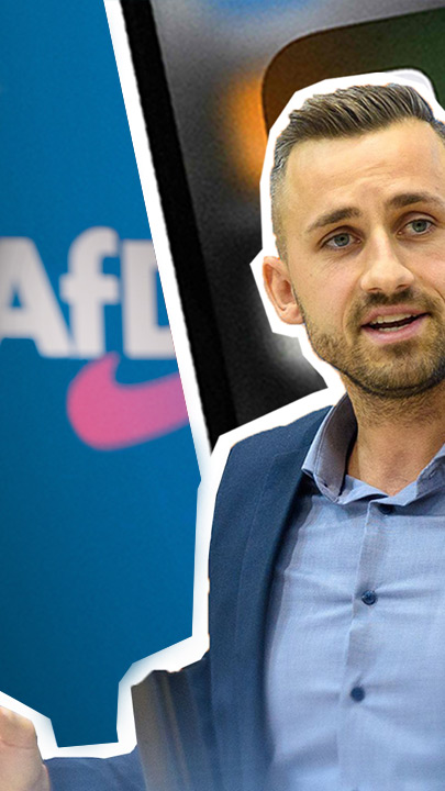 Rechts im Bild ist AfD-Politiker Ulrich Siegmund freigestellt, im Hintergrund ein Smartphone mit Social Media Apps wie Instagram und TikTok, links im hintergrund ein AfD-Logo.