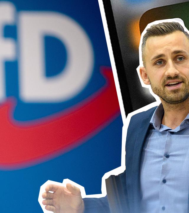 Rechts im Bild ist AfD-Politiker Ulrich Siegmund freigestellt, im Hintergrund ein Smartphone mit Social Media Apps wie Instagram und TikTok, links im hintergrund ein AfD-Logo.