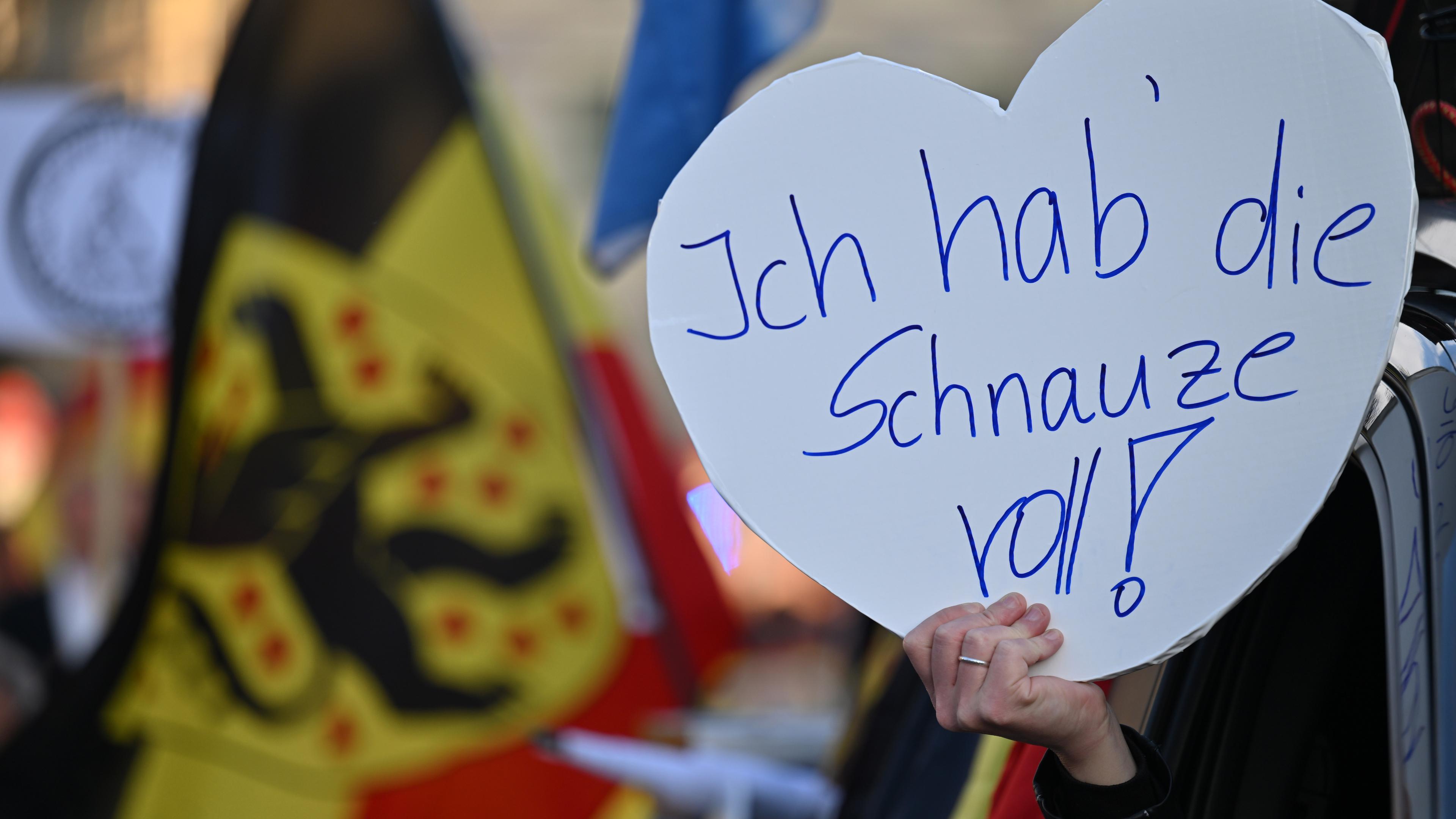 "Ich hab die Schnauze voll" steht auf einem Plakat während einer Kundgebung der AfD am Theaterplatz in Weimar