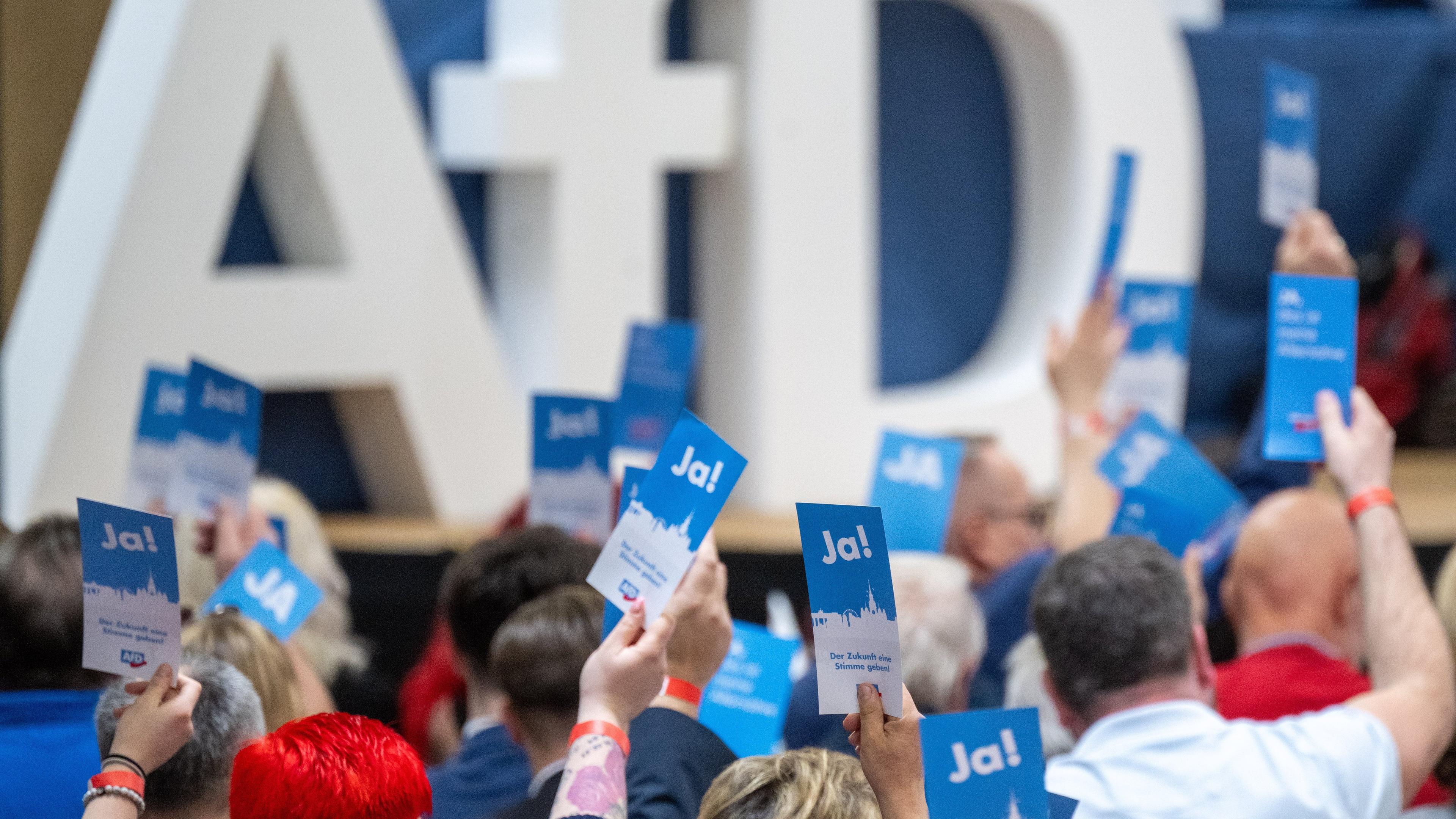 Brandenburg, Jüterbog: Parteimitglieder halten beim Landesparteitag der AfD Brandenburg in der Wiesenhalle ihre Stimmzettel hoch.