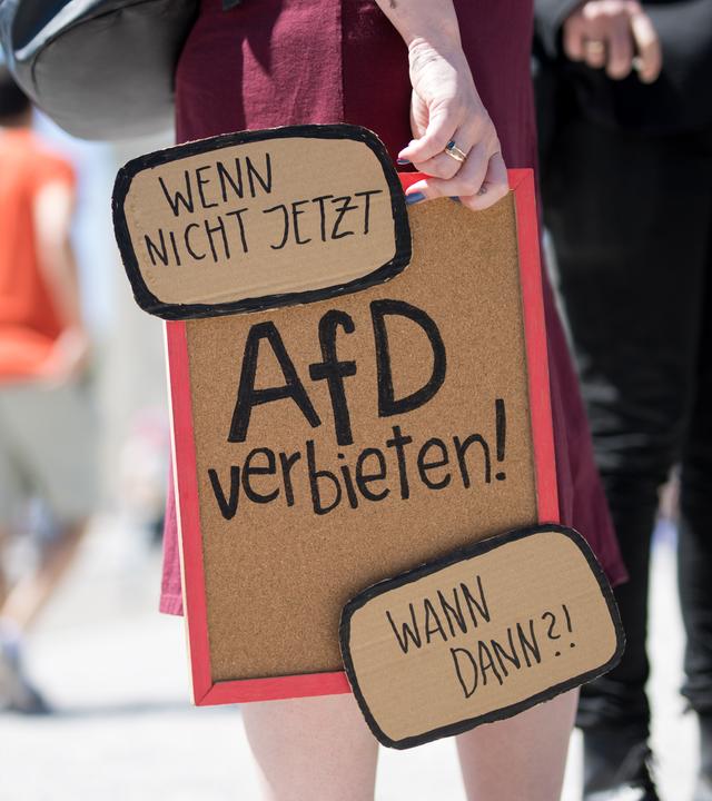  Eine Demonstrantin hält ein Plakat mit der Aufschrift «AFD verbieten!» bei einer Demonstration im Rahmen eines bundesweiten Aktionstags unter dem Motto «Keine Ausreden mehr - AfD-Verbot jetzt!».