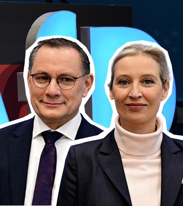 Vor dem Logo der AfD sind die Parteivorsitzenden Chrupalla und Weidel abgebildet.