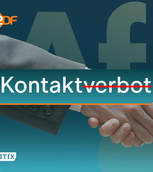 Zwei Arme in Jacket- und Hemdärmeln reichen sich die Hände. Der blaue Hintergrund trägt die Buchstaben "AfD", im Vordergrund der Schriftzug "Kontaktverbot", wobei "verbot" durchgestrichen ist.