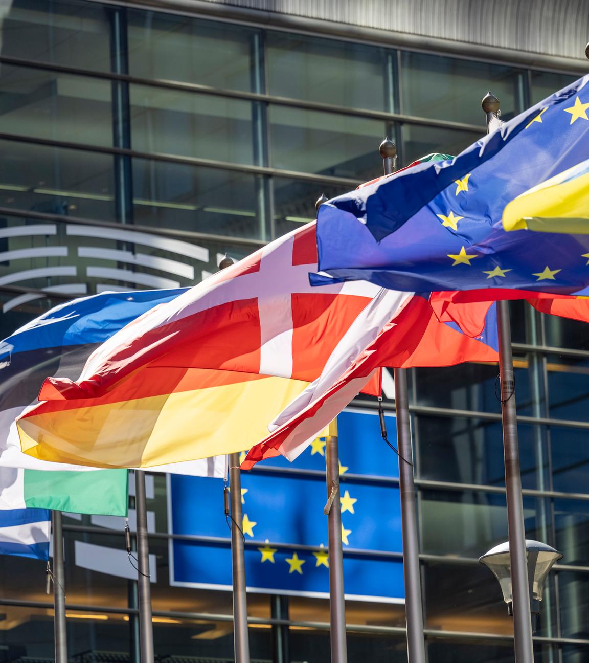 Fahnen der EU-Mitgliedstaaten vor dem Europäischen Parlament in Brüssel