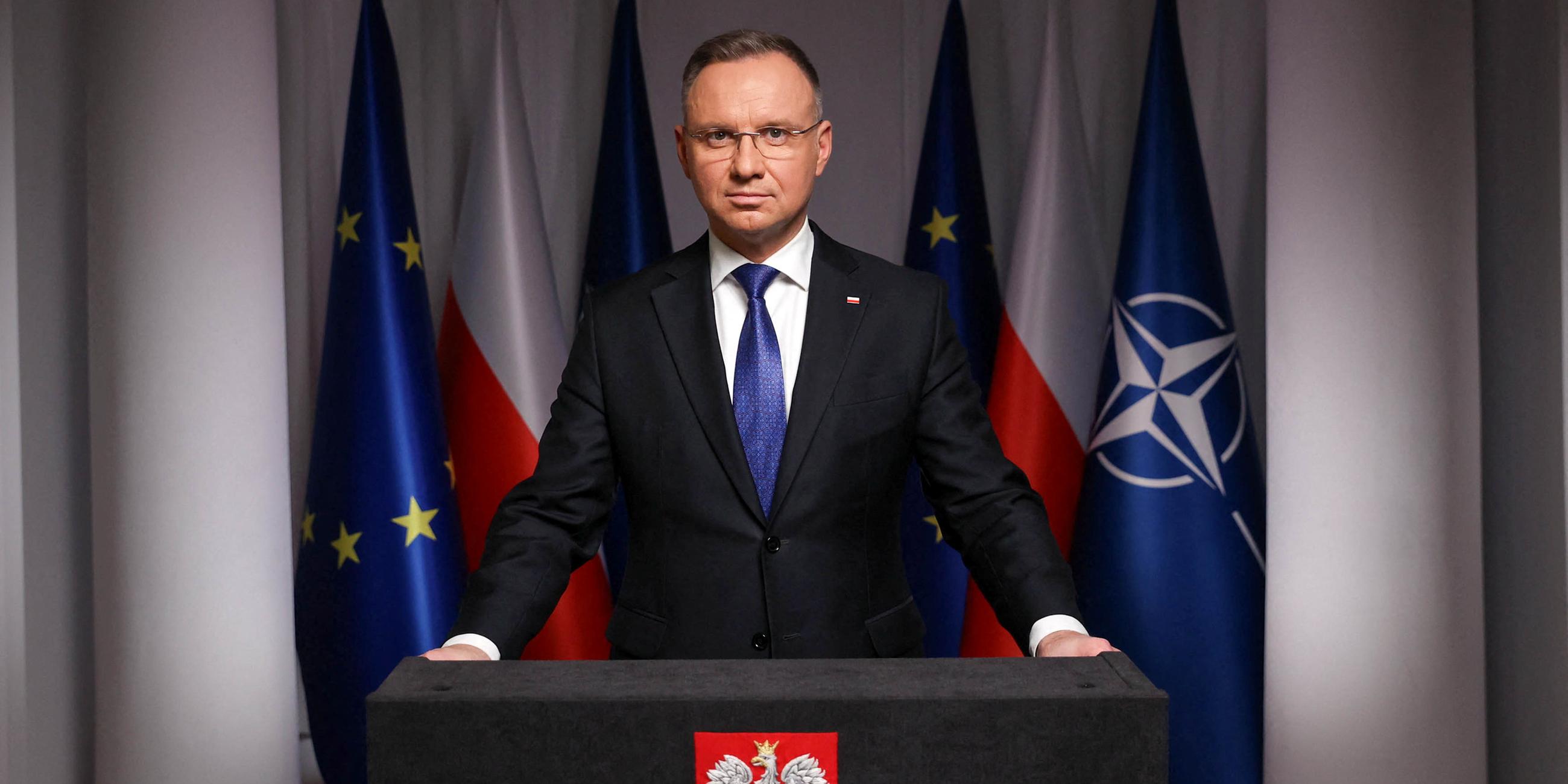Polish President Andrzej Duda speaks during a televised announcement at Presidential Palace, in Warsaw