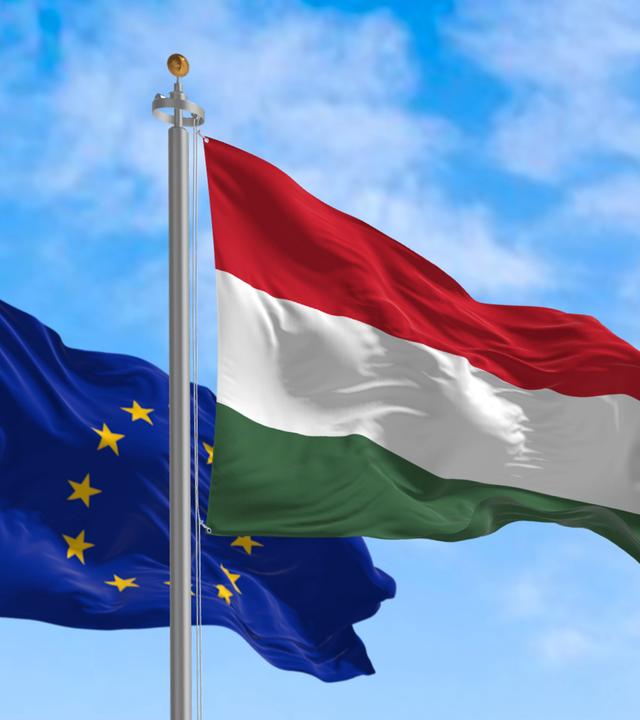 Die Flaggen von Ungarn und der Europäischen Union flattern an einem klaren Tag zusammen