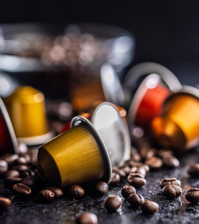 Colorful Coffee Capsules and Espresso Pods Scattered Among Roast Coffee Beans on Dark Surface