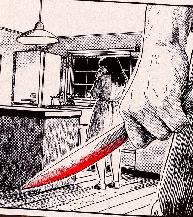 Grafik zum Femizid an Saadiya: Ein Mann bedroht in häuslicher Umgebung seine Frau mit einem Messer