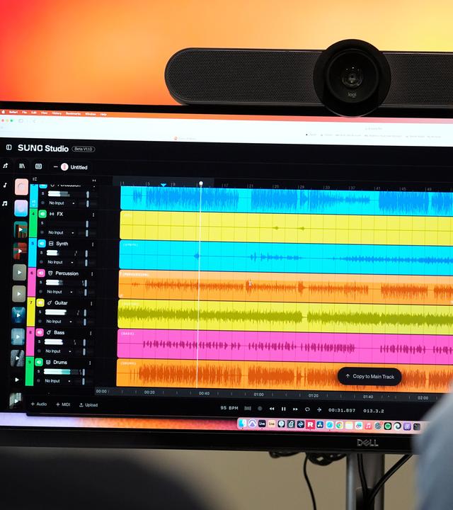 Waveforms of audio files from various instruments are displayed on a computer screen during the creation of an AI musical piece at SUNO, Tuesday, Jan. 13, 2026, in Cambridge, Mass.
