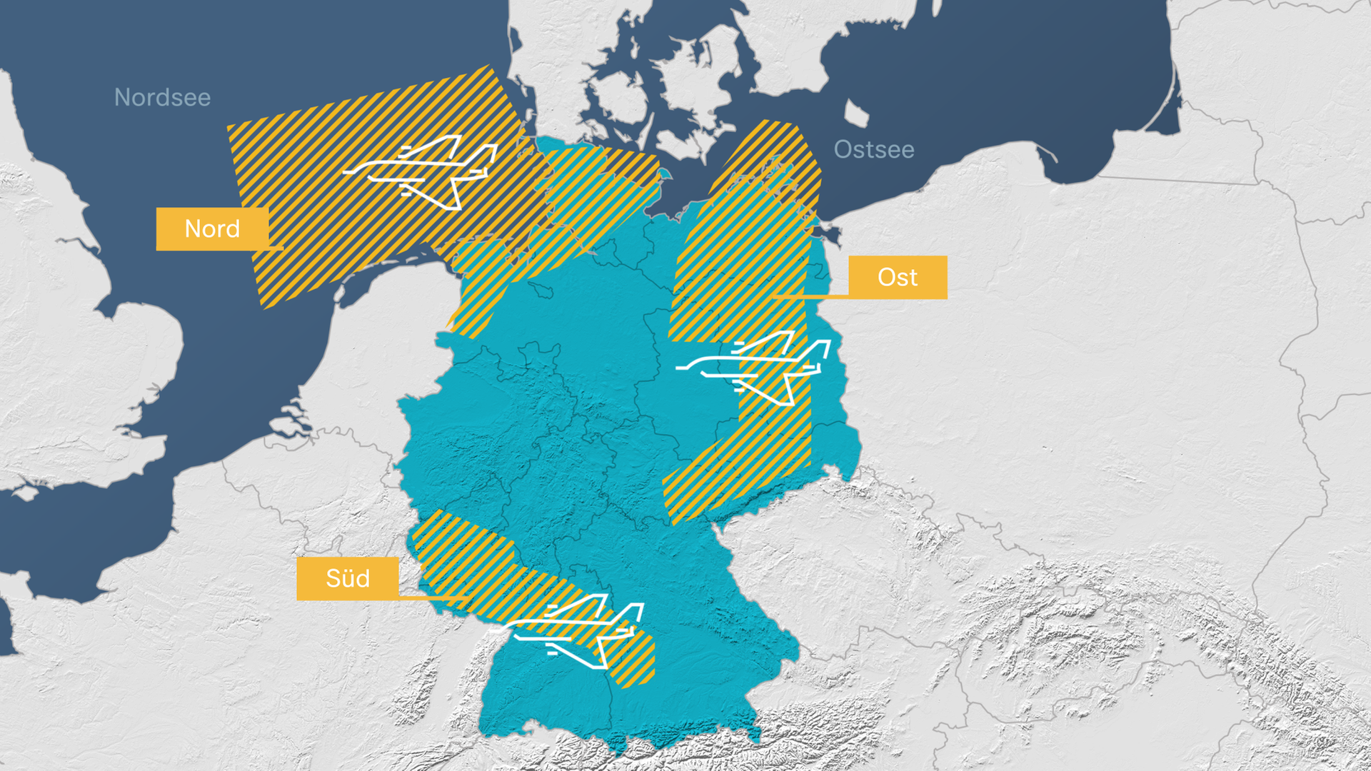 Eine Deutschlandkarte mit drei eingezeichneten Luftübungsräumen im Norden, Süden und Osten.