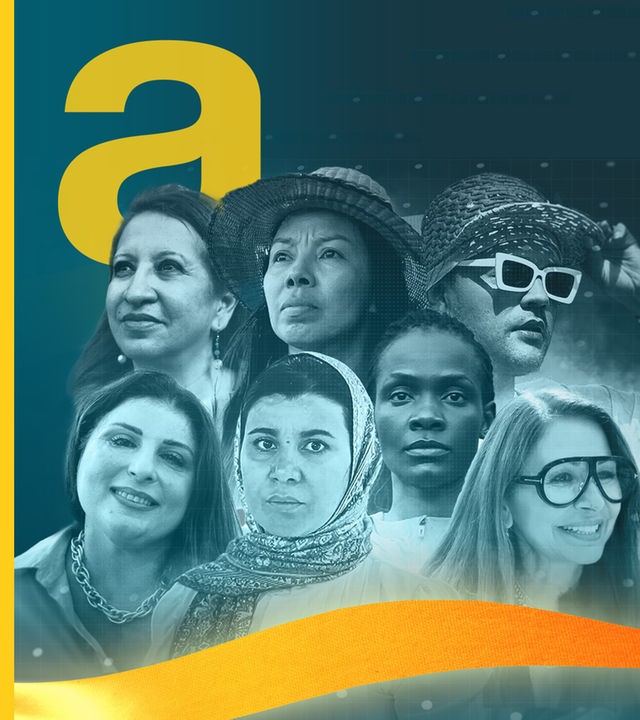 Porträts von 7 Frauen aus verschiedenen Ländern, daneben auslandsjournal-Logo, großes gelbes a