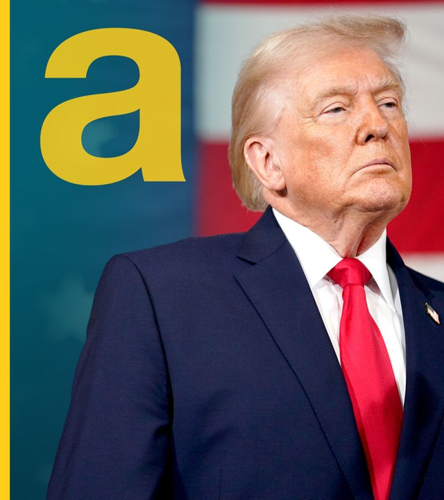links gelbes a, rechts Donald Trump