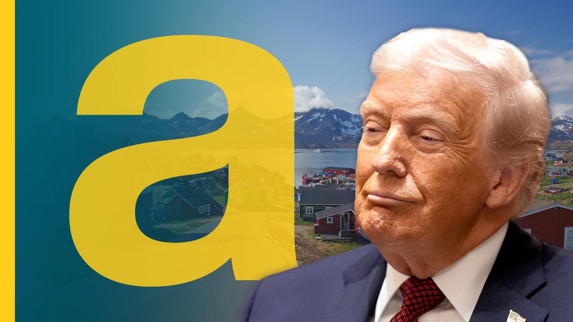 Kopf von Donald Trump vor grönländischer Landschaft