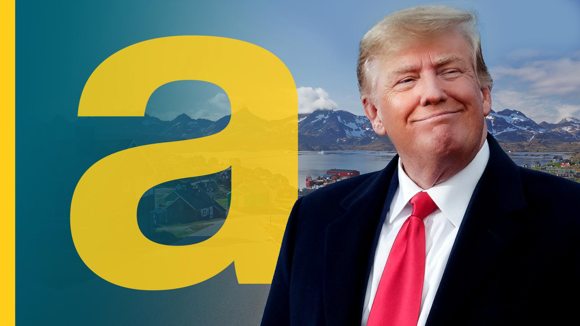 Kopf von Donald Trump vor grönländischer Landschaft