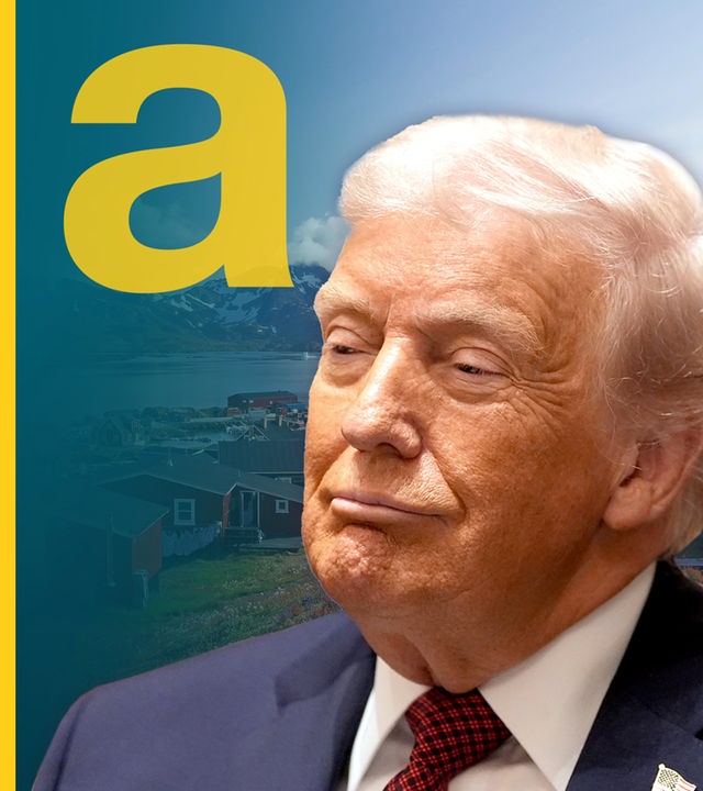 Kopf von Donald Trump vor grönländischer Landschaft