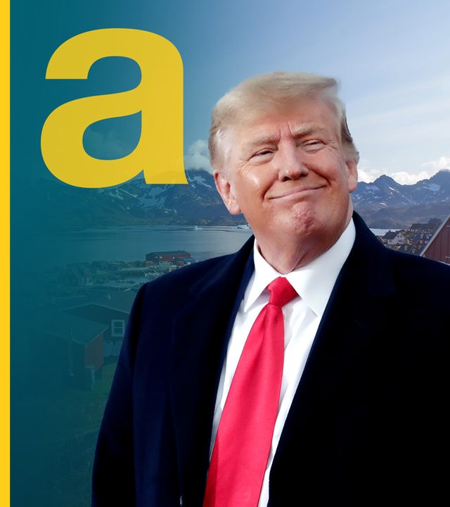 Kopf von Donald Trump vor grönländischer Landschaft