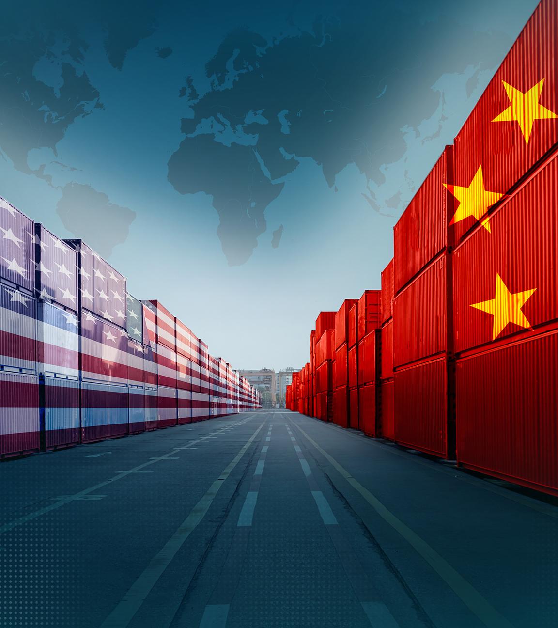 Container mit den Flaggen der USA und Chinas