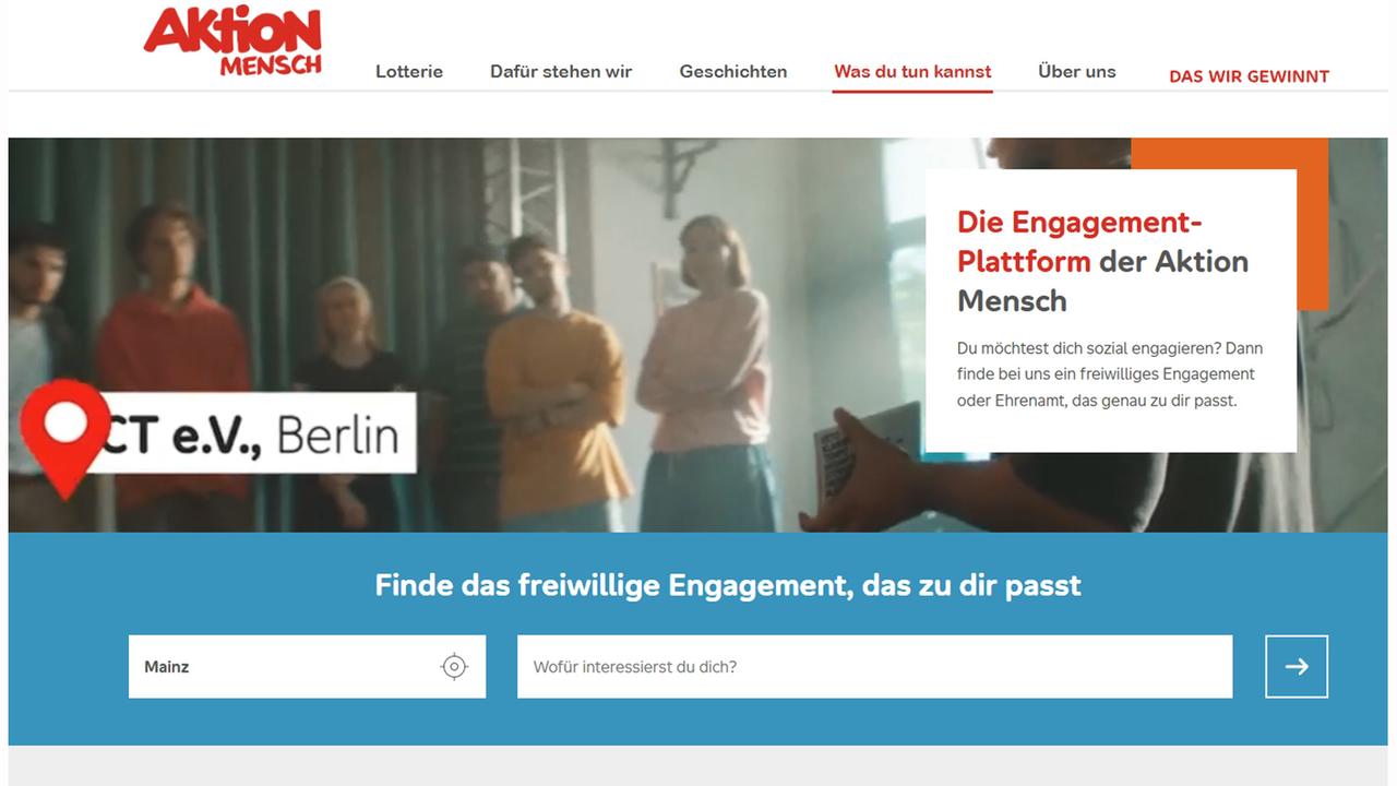 Screenshot der Startseite der "Engagement-Plattform" der "Aktion Mensch"