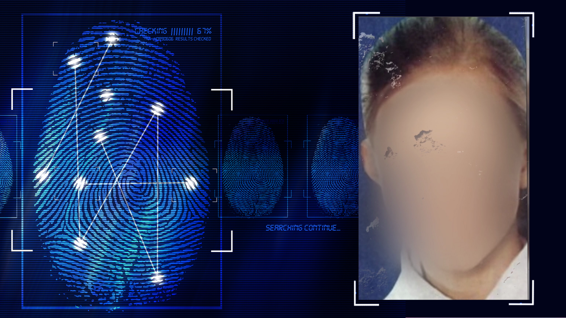 Portraitfoto eines 11Jahre alten Mädchens mit blonen Haaren, die zu einem Zopf gebunden sind. Das Gesicht wurde technisch verfremdet. Links daneben: Lichtschematische Darstellung eines Fingerabdrucks.