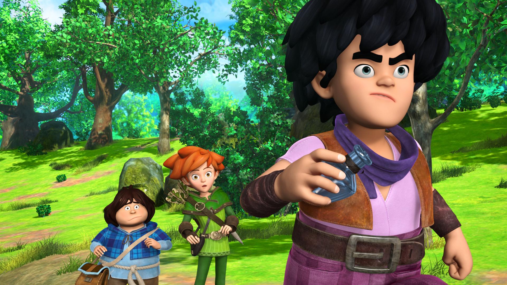 Robin und Tuck schauen Little John hinterher, der mit einer Flasche in der Hand unterwegs ist.