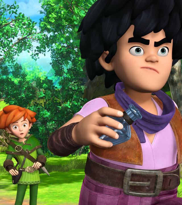 Robin und Tuck schauen Little John hinterher, der mit einer Flasche in der Hand unterwegs ist.