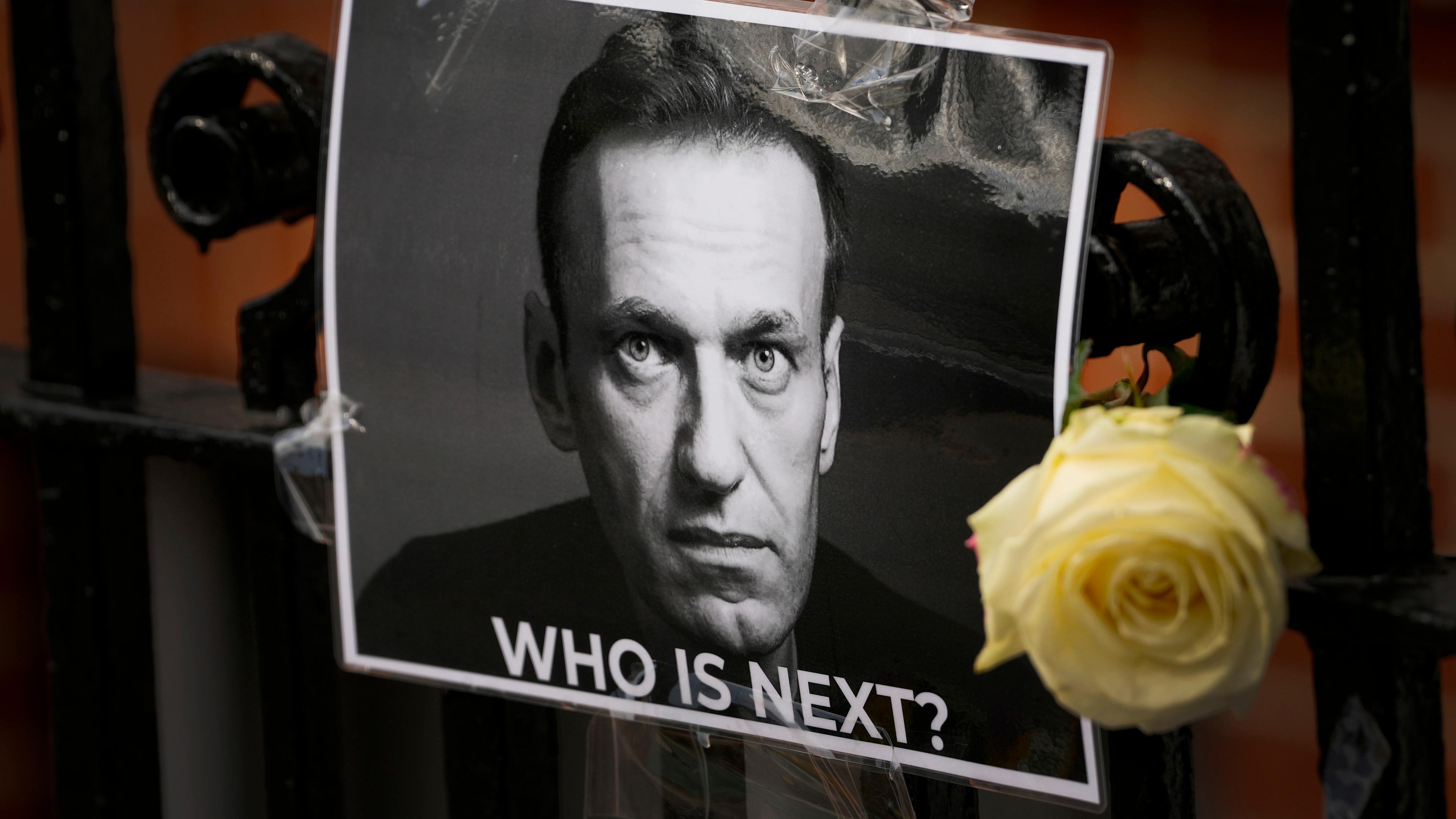 Eine Blume und ein Bild sind in Gedenken an den verstorbenen Kremlgegner Alexej Nawalny in der Nähe der russischen Botschaft in London angbracht. (18.02.2024)