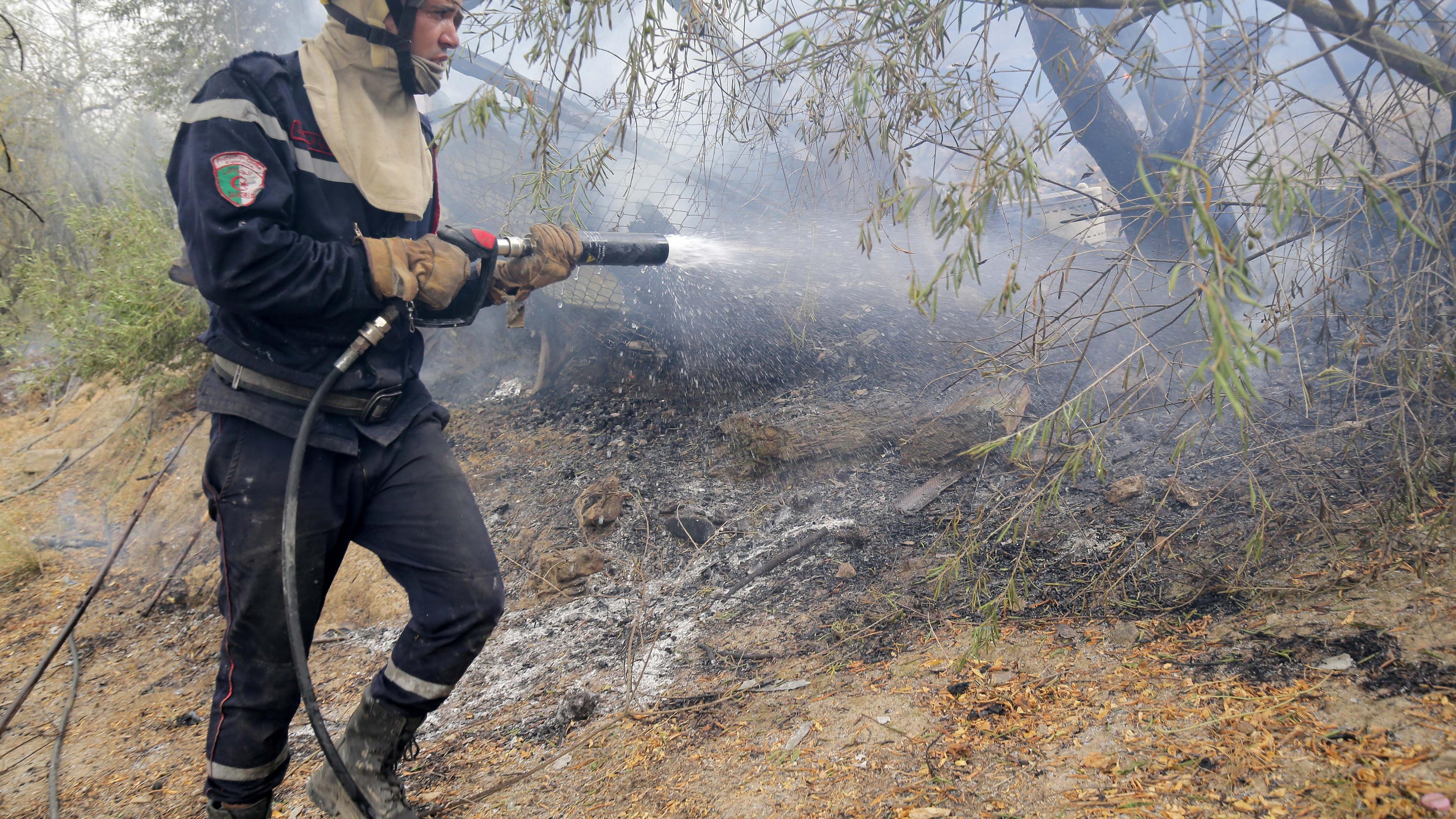 Ein Feuerwehrmann bekämpft in der Provinz Bouira einen Waldbrand.