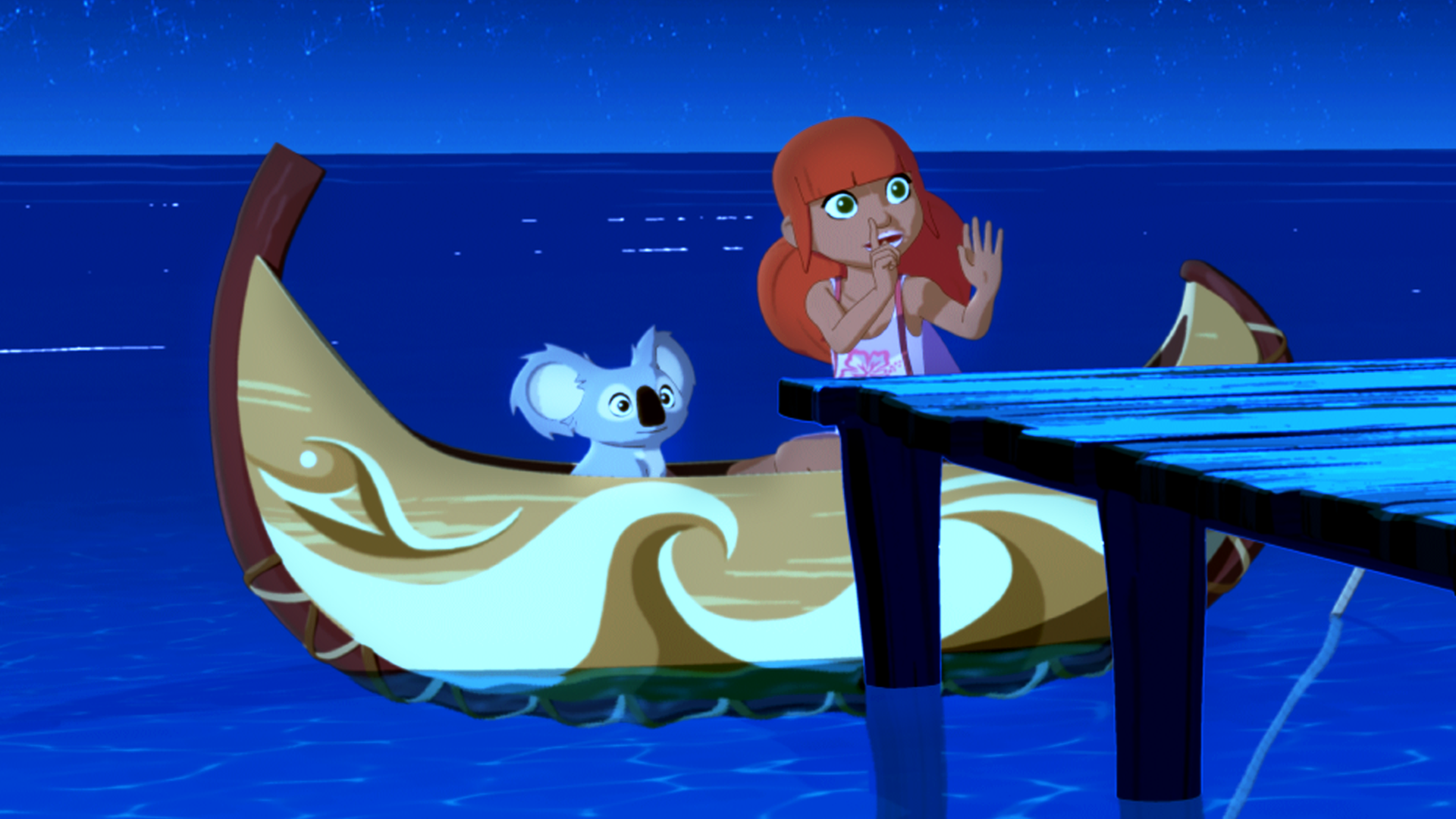 Marina und ihr Koala fahren mit ihrem kleinen Boot mitten in der Nacht auf den Ozean. Marina hat das Tau gelöst.
