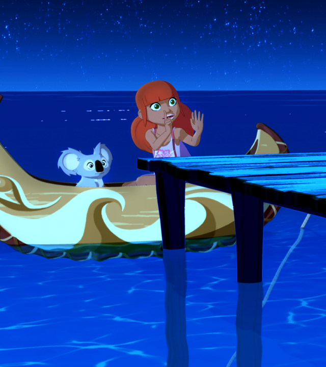Marina und ihr Koala fahren mit ihrem kleinen Boot mitten in der Nacht auf den Ozean. Marina hat das Tau gelöst.