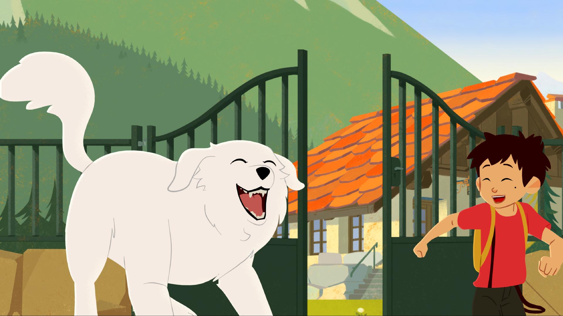 Belle und Sebastian verlassen lachend ein Haus in den Bergen.