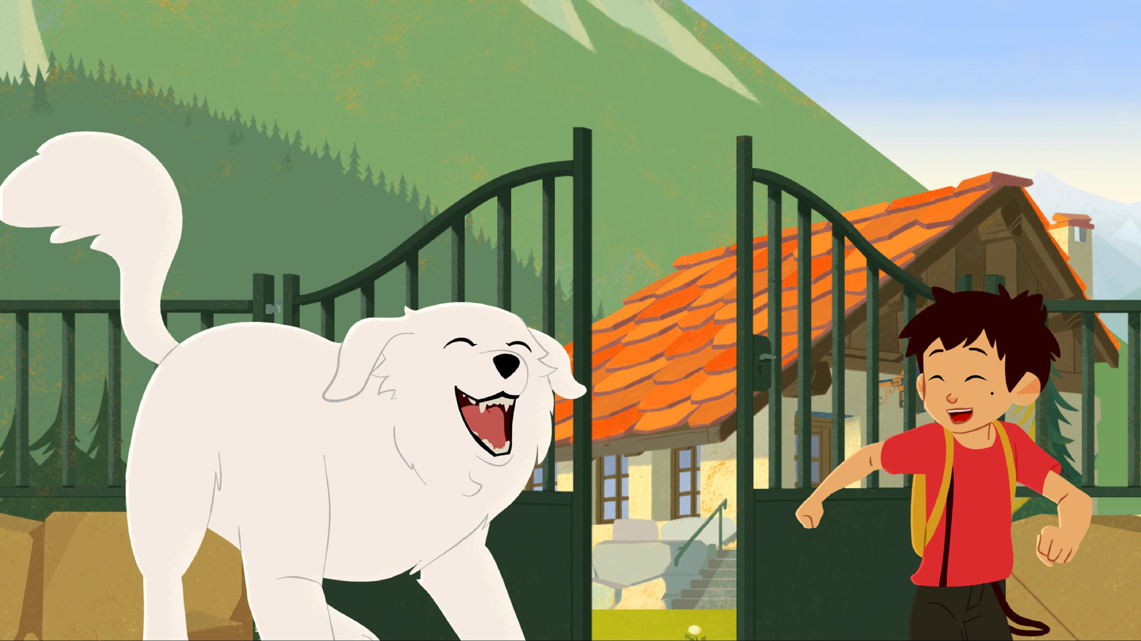 Belle und Sebastian verlassen lachend ein Haus in den Bergen.