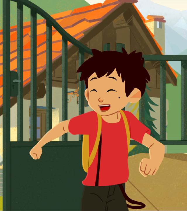 Belle und Sebastian verlassen lachend ein Haus in den Bergen.