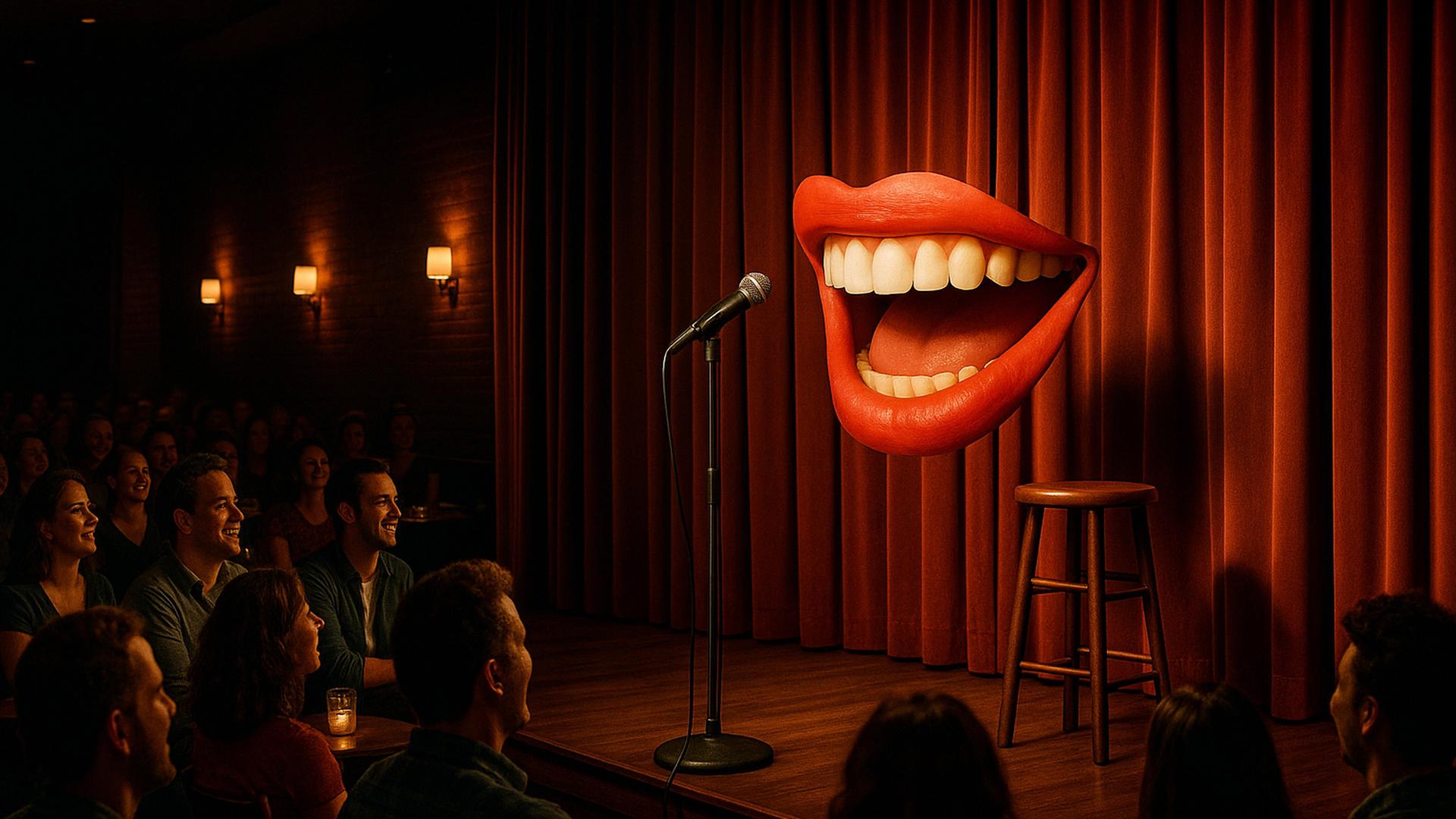 Das Bild zeigt eine humorvolle und surreal inszenierte Szene in einem Comedy-Club. Im Mittelpunkt steht eine Bühne mit einem Mikrofonständer und einem Hocker, eingerahmt von roten Vorhängen. Über dem Mikrofon schwebt eine überdimensionale, freischwebende Mundpartie mit strahlend weißen Zähnen, die zu sprechen oder zu lachen scheint. Diese Darstellung betont auf kreative Weise die zentrale Rolle von Sprache und Humor im Stand-up-Comedy-Genre. Im Vordergrund ist das Publikum in einem schummrig beleuchteten Raum zu erkennen, das gespannt auf die Bühne blickt. 