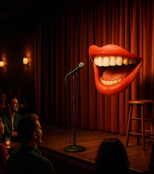 Das Bild zeigt eine humorvolle und surreal inszenierte Szene in einem Comedy-Club. Im Mittelpunkt steht eine Bühne mit einem Mikrofonständer und einem Hocker, eingerahmt von roten Vorhängen. Über dem Mikrofon schwebt eine überdimensionale, freischwebende Mundpartie mit strahlend weißen Zähnen, die zu sprechen oder zu lachen scheint. Diese Darstellung betont auf kreative Weise die zentrale Rolle von Sprache und Humor im Stand-up-Comedy-Genre. Im Vordergrund ist das Publikum in einem schummrig beleuchteten Raum zu erkennen, das gespannt auf die Bühne blickt. 