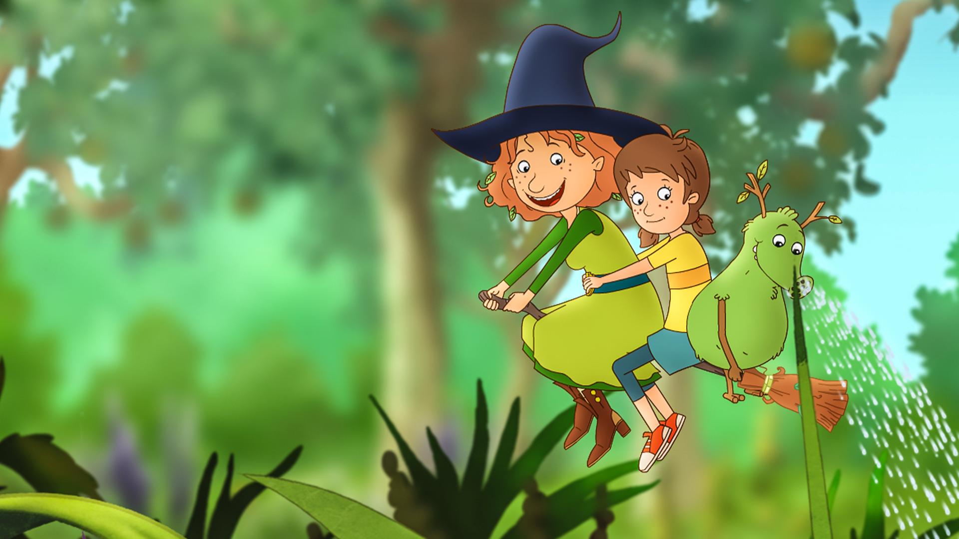 Petronella fliegt auf ihrem Besen durch den Garten, um die singenden Blumen und Bäume zu beruhigen.