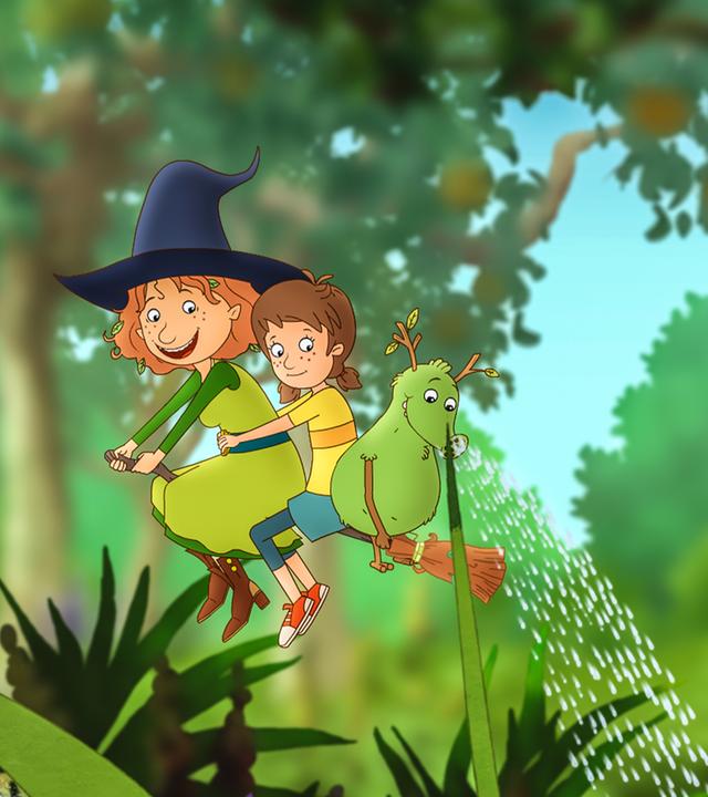 Petronella fliegt auf ihrem Besen durch den Garten, um die singenden Blumen und Bäume zu beruhigen.