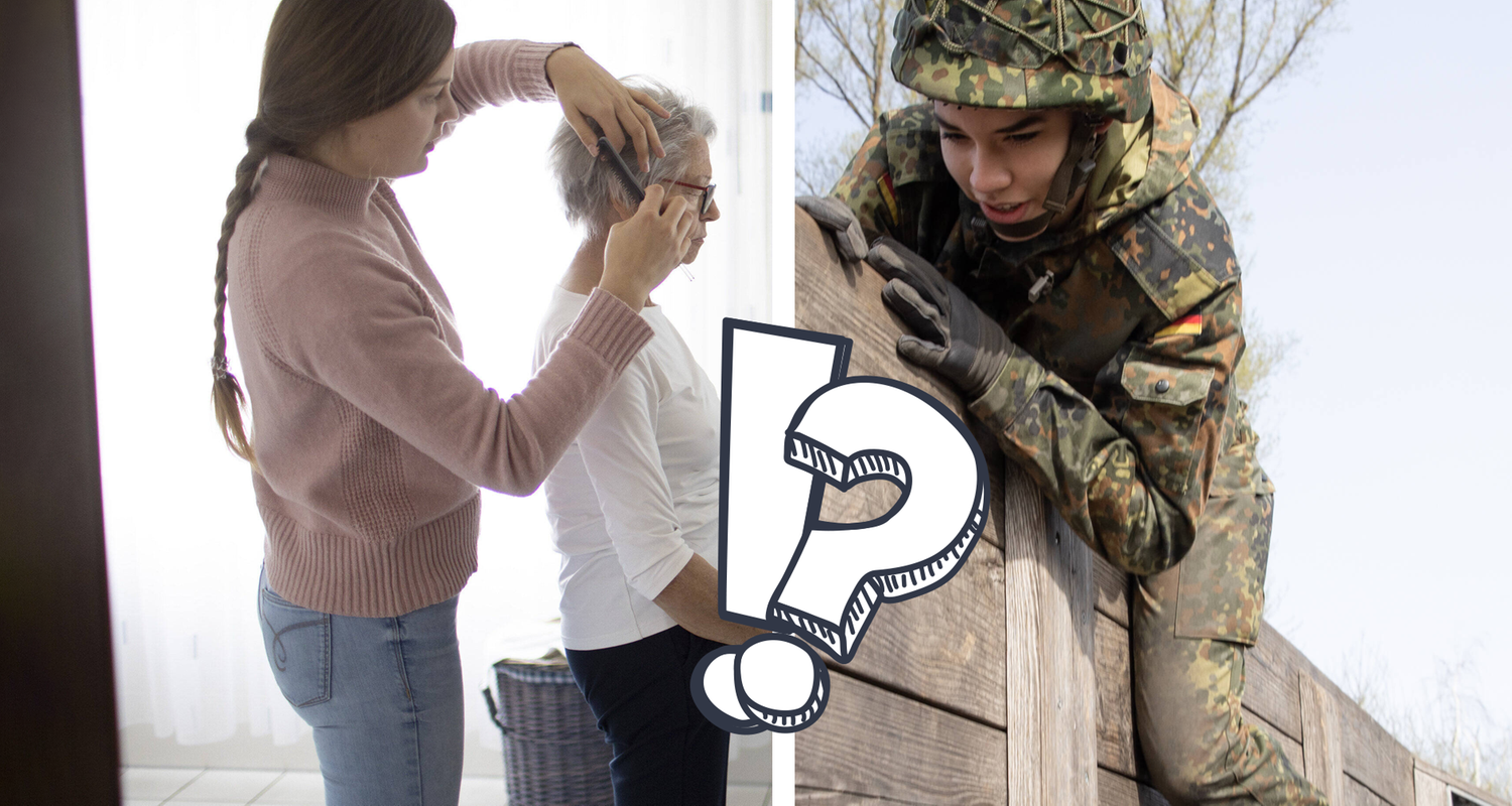 Auf der linken Seite ein Mädchen, das einer älteren Dame beim Haarekämmen hilft. Auf der rechten Seite ein Bundeswehr-Soldat bei einer Übung
