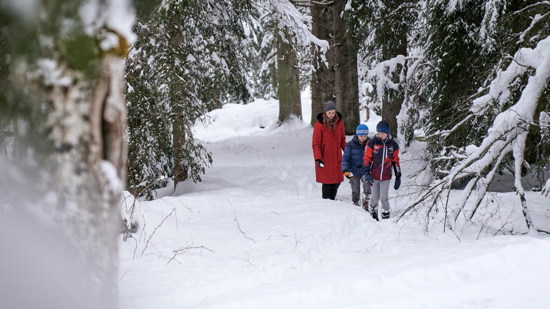 Das Bild zeigt eine winterliche Landschaft im Alpbachtal. Im Vordergrund sind ein verschneiter Pfad und eine Ansammlung von Schneeverwehungen zu sehen. Auf diesem Pfad gehen eine Frau und zwei Kinder. 

Die Frau trägt einen langen roten Mantel und eine graue Mütze. Die Kinder sind in dicke Winterjacken gekleidet, einer trägt eine blaue Mütze und der andere hat eine Jacke in Rot und Blau an. Sie bewegen sich, während es um sie herum von schneebedeckten Bäumen umgeben ist. Der Hintergrund ist ruhige und von einem sanften Schneefall geprägt, der die gesamte Szene einhüllt. 

Die Umgebung wirkt friedlich und winterlich, was die winterliche Atmosphäre der Region unterstreicht.