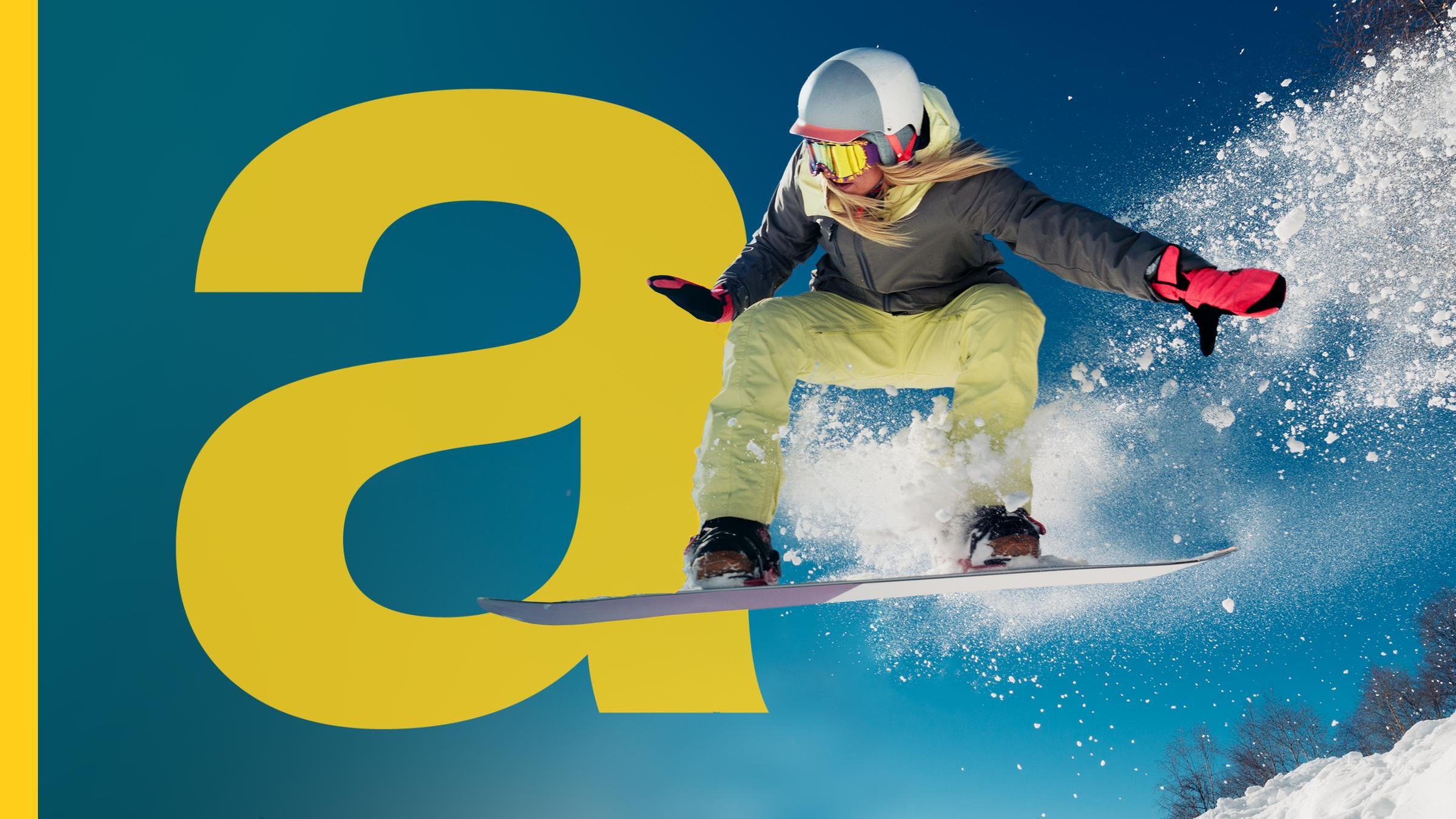 Das Auslandsjournal-Logo ist auf der linken Seite zu sehen, rechts ist eine Snowboarderin im Sprung zu sehen.