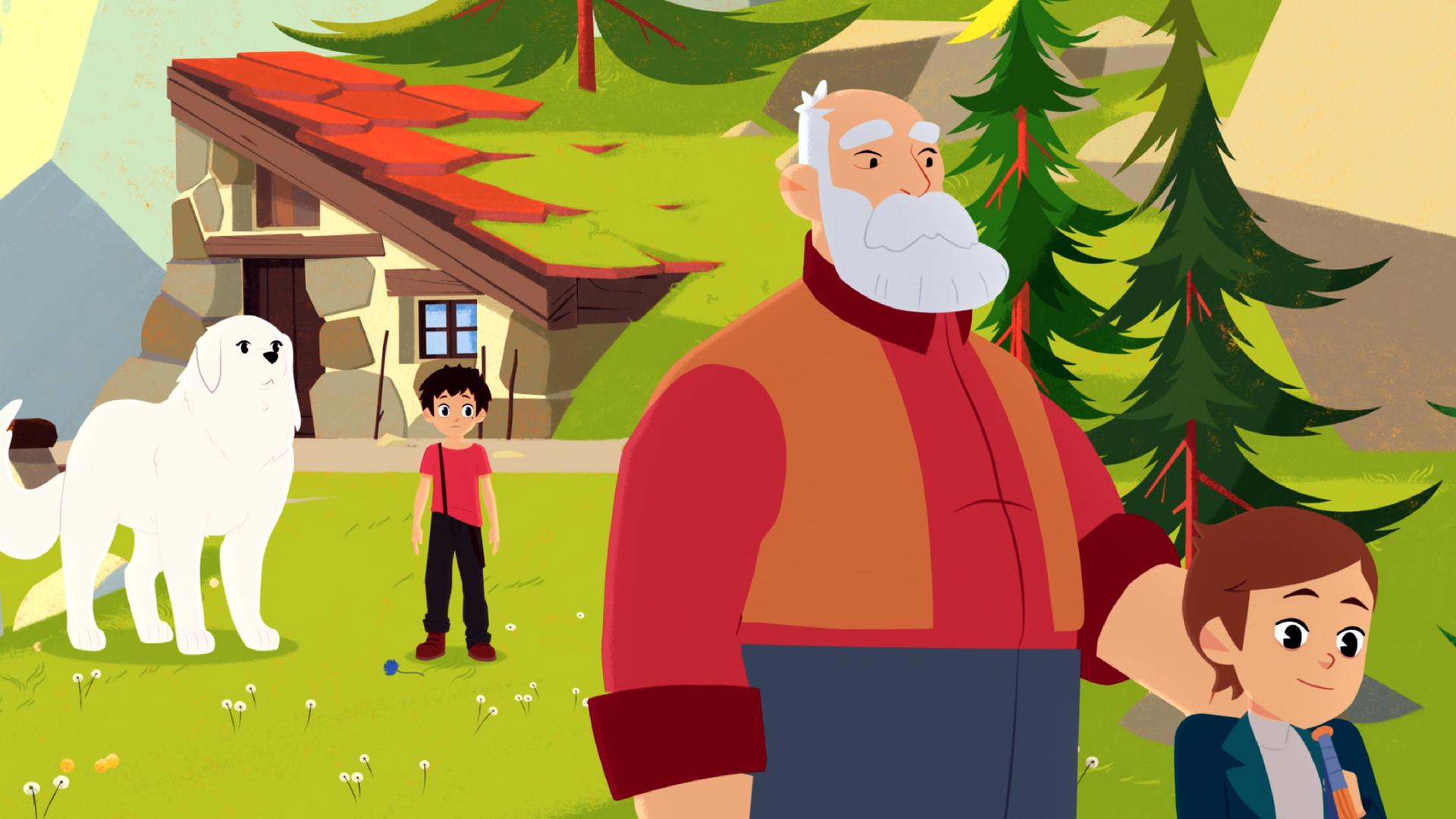 Cesar hat seine Hand auf der Schulter von Amadeus liegen. Belle und Sebastian stehen im Hintergrund und gucken die beiden an.