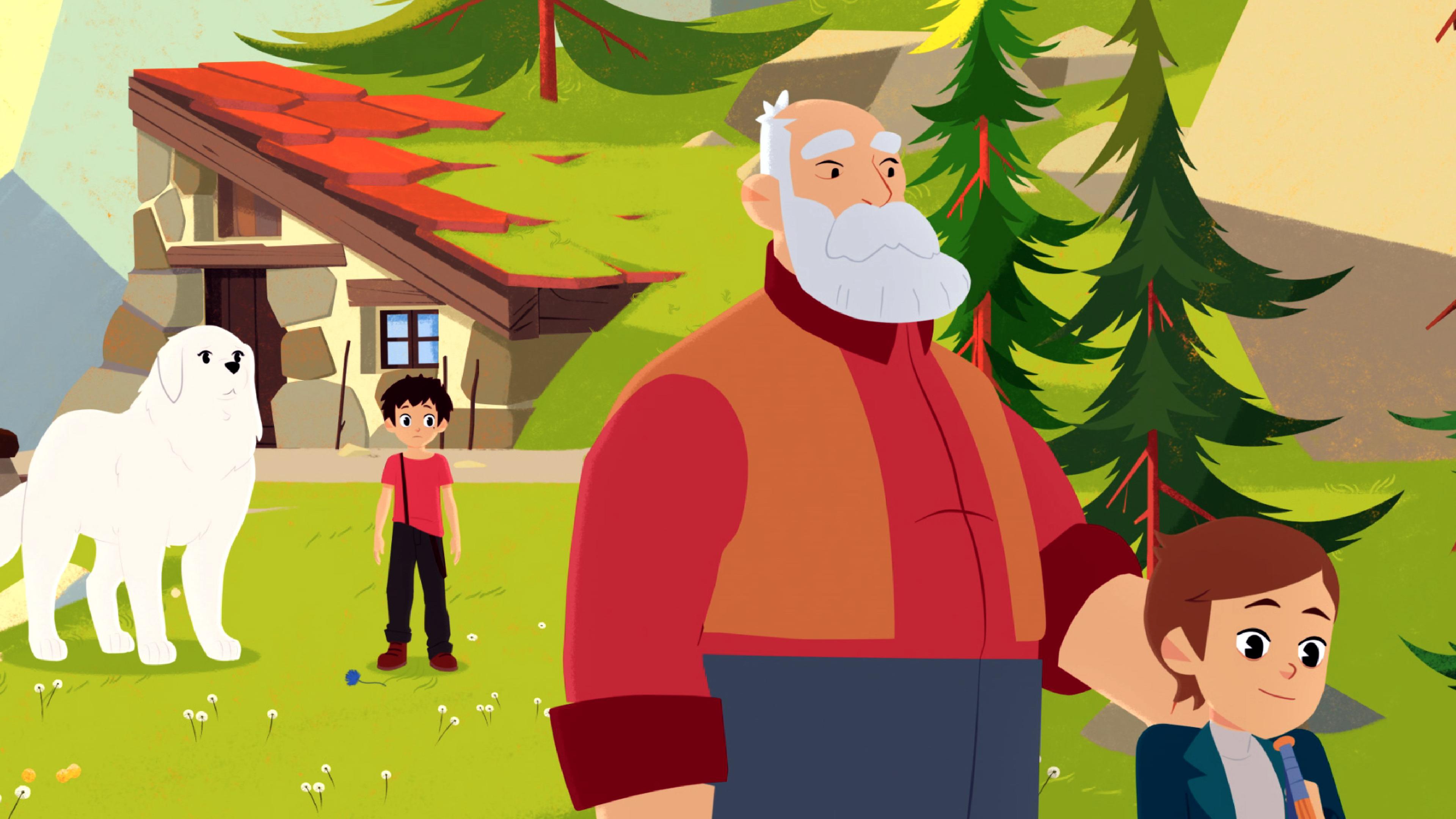 Cesar hat seine Hand auf der Schulter von Amadeus liegen. Belle und Sebastian stehen im Hintergrund und gucken die beiden an.