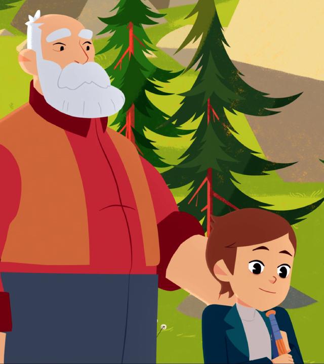 Cesar hat seine Hand auf der Schulter von Amadeus liegen. Belle und Sebastian stehen im Hintergrund und gucken die beiden an.