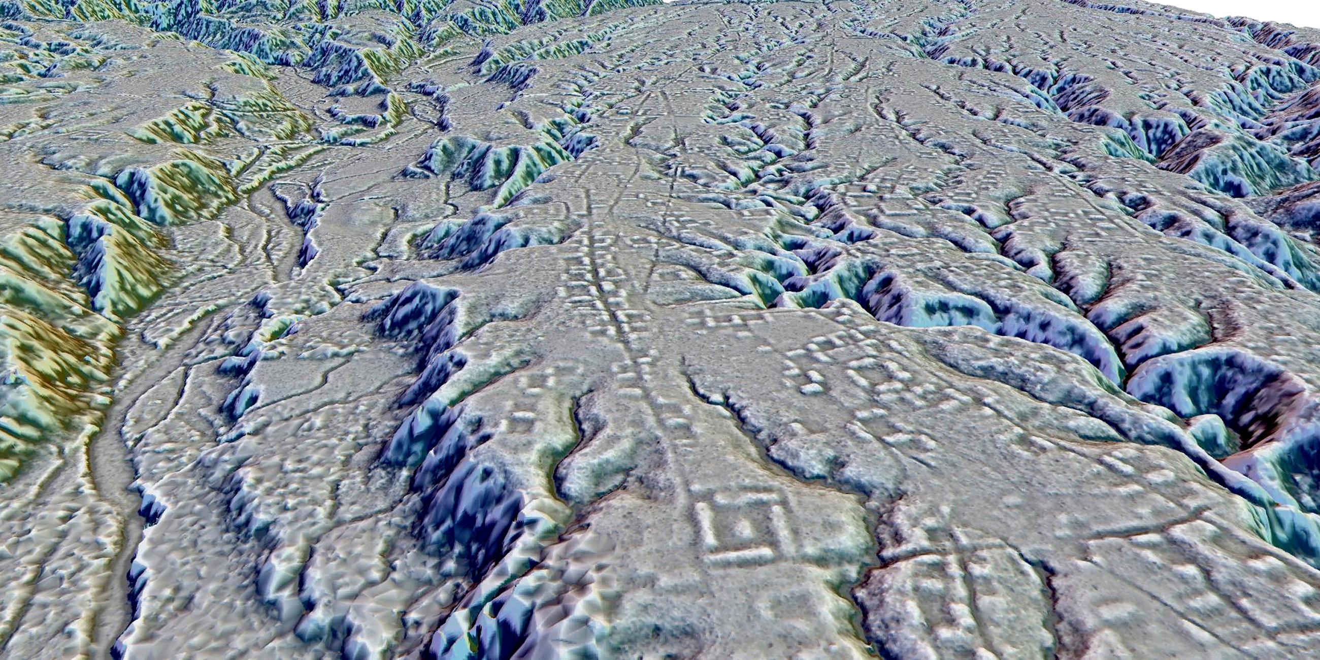 Dieses von Forschern im Januar 2024 bereitgestellte LIDAR-Bild zeigt Komplexe rechteckiger Plattformen, die um niedrige Plätze angeordnet und entlang breiter gegrabener Straßen am Standort Kunguints im Upano-Tal in Ecuador verteilt sind. 