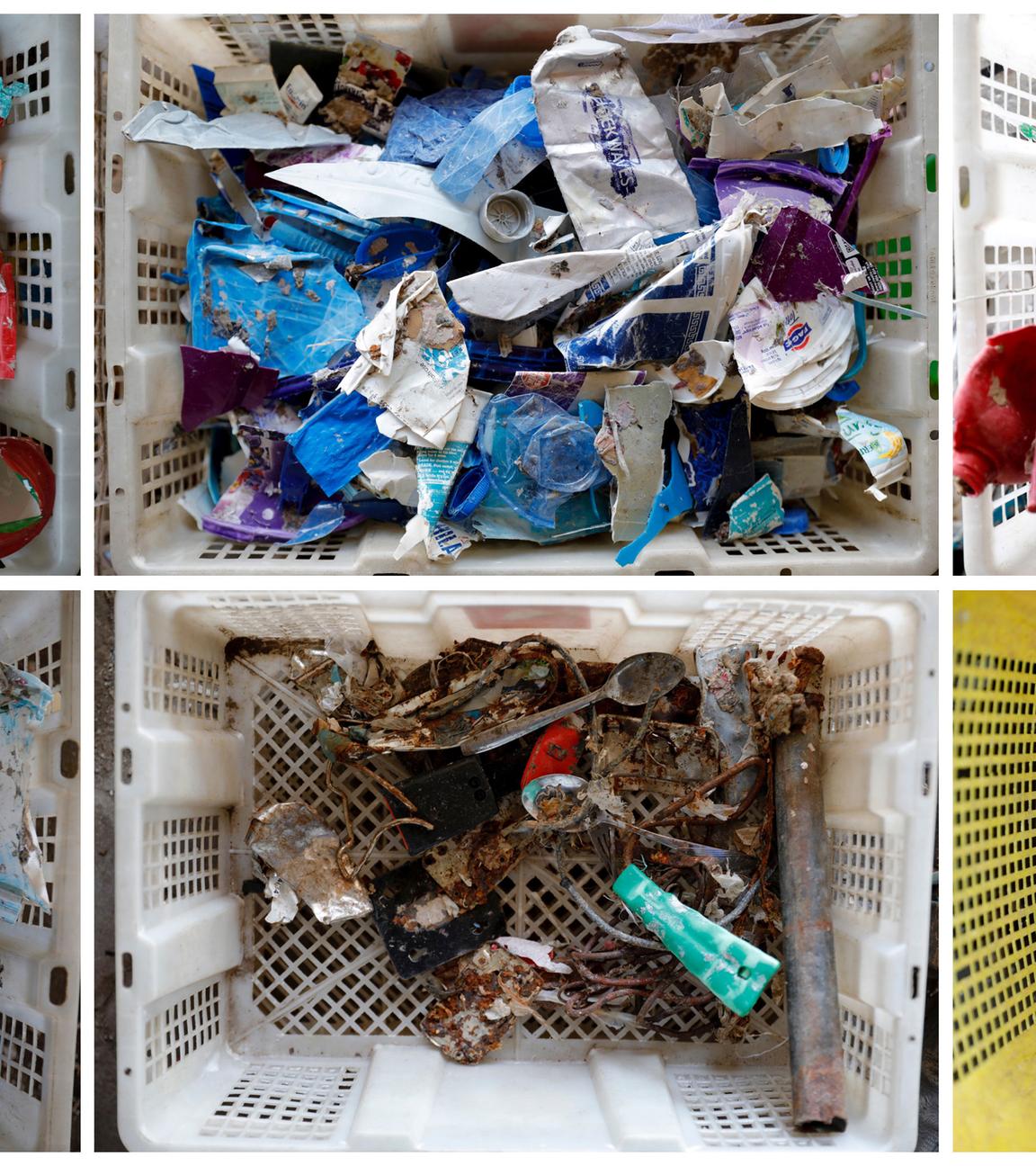 "Amerikas Plastik-Lüge - Profit statt Recycling": Bildmontage aus sechs quadratischen Einzelbildern mit bunten Kleinteilen und Verpackungsmaterial: Es zeigt sortiertes Plastik in getrennten Behältern.